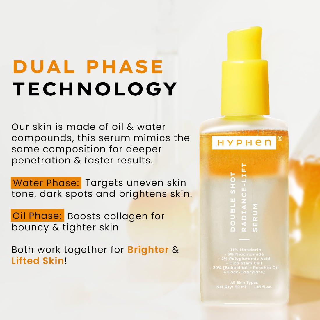 Hyphen 18% Brightening + 20% Collagen Face Serum | Double Shot Serum with 11% Mandarin 5% Niacinamide 2% PGA & Bakuchiol | Summer Skincare | Brightening, Hydrating & Collagen Boost for Dry Skin - 50ml - Image 6