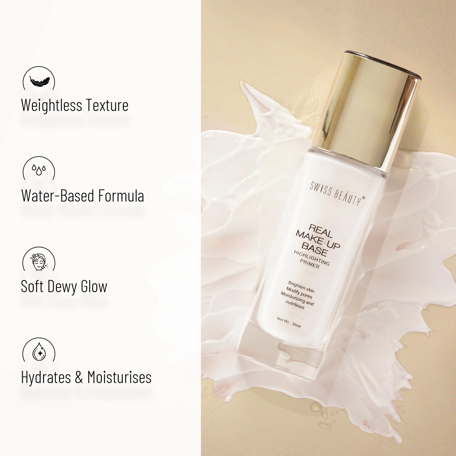 Swiss Beauty Real Makeup Base Highlighting Primer| Skin-Hydrating Poreless Primer With Natural Glow Finish For Face Makeup |Shade - 03 Pink Tint, 32Ml - Image 4