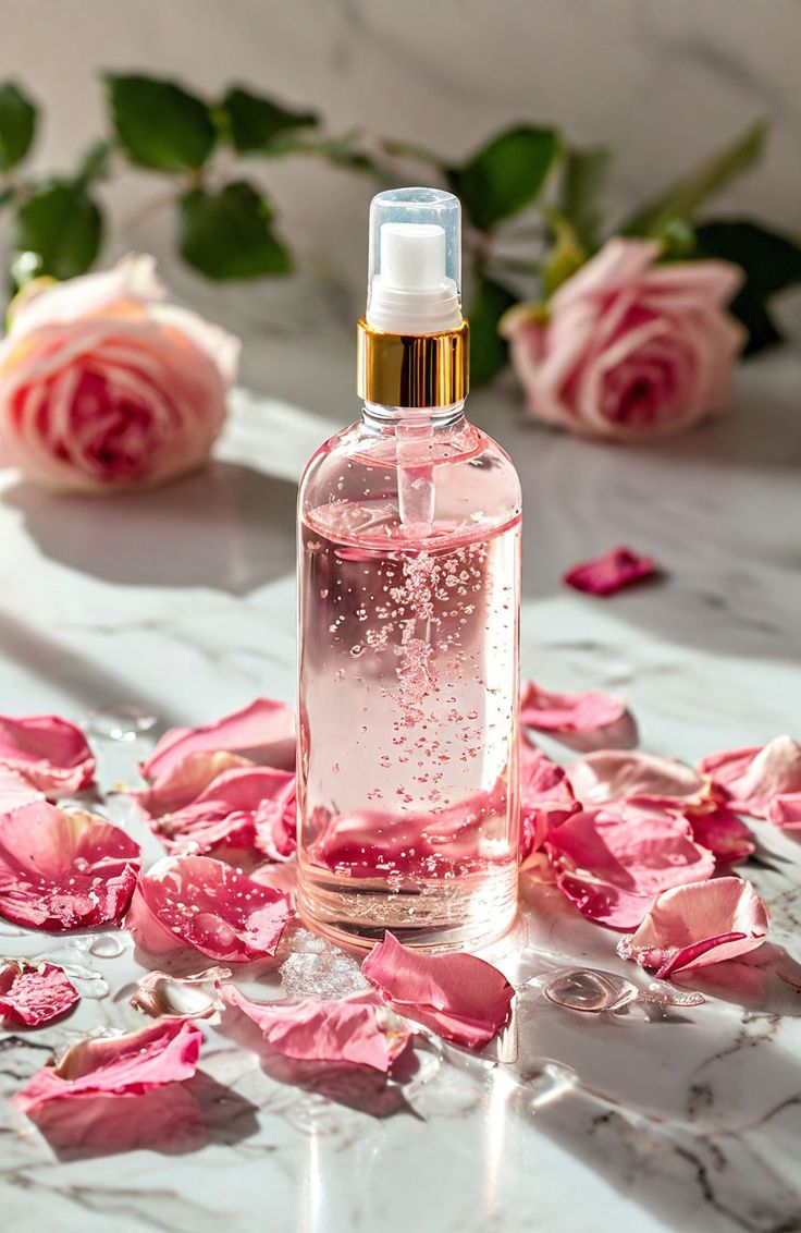 Pink rose water face mist with rose petals for skin care and hydration aesthetic