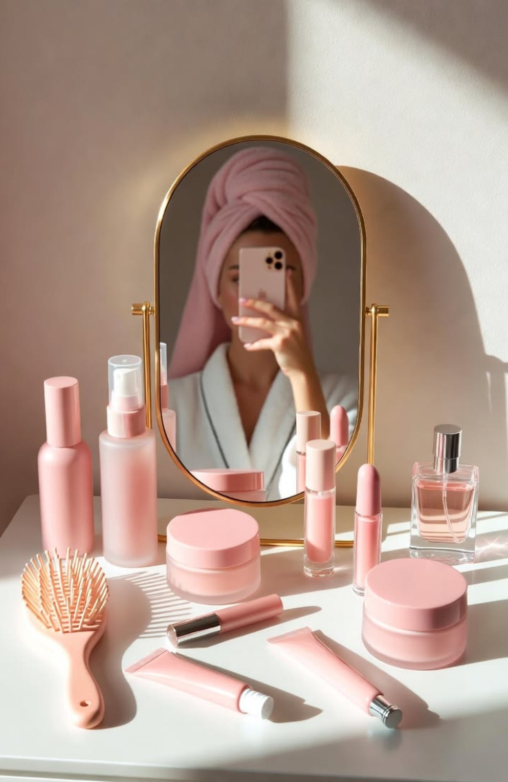 Self-care skincare routine with face mask and beauty essentials.