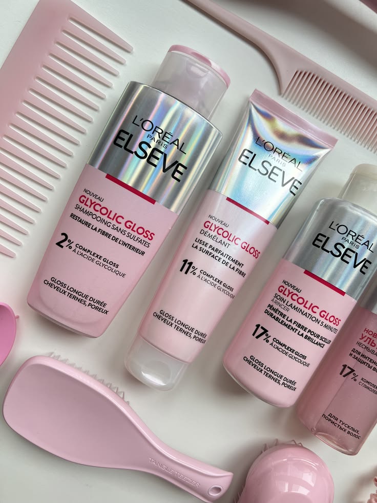 Luxury haircare products with shampoo, serum and silky hair aesthetic
