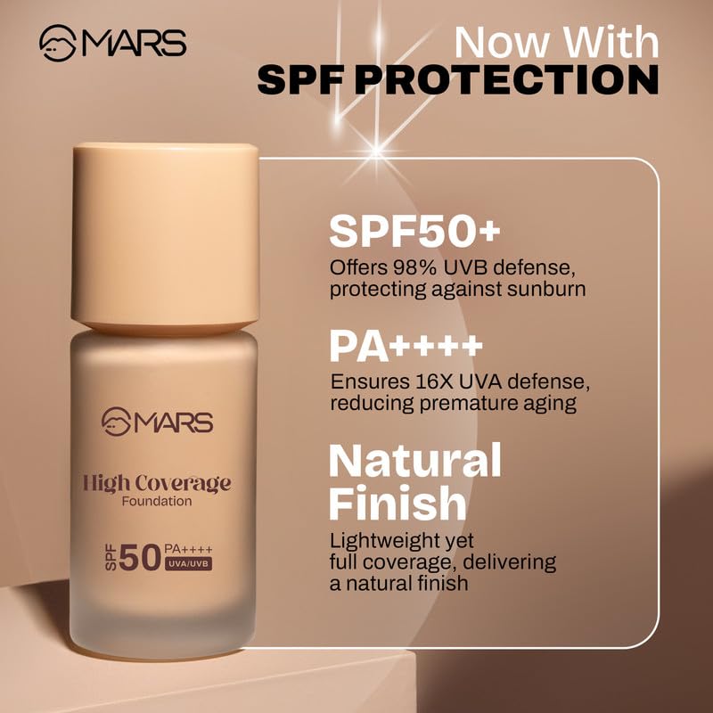MARS SPF50 PA++++ High Coverage Foundation | Blemish Free & Blendable Makeup | All Skin Type | IN-VIVO Tested with 5 Star UVA+UVB Protection Boots Rating (SHADE-03) - Image 3